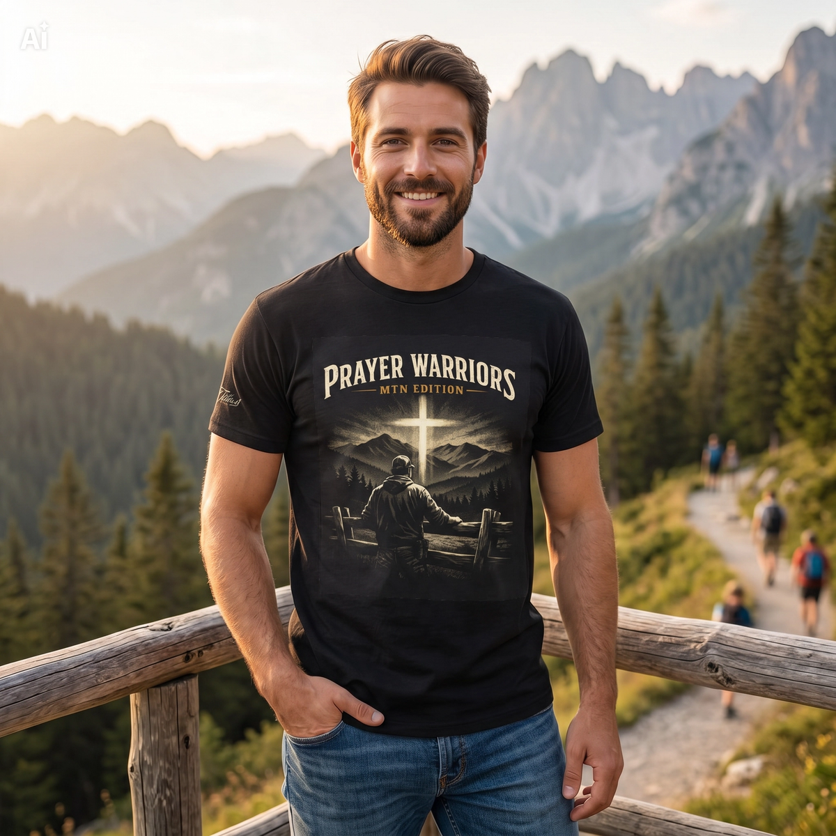 A smiling man wearing a black graphic t-shirt with 'PRAYER WARRIORS MTN. EDITION' printed on the front, standing outdoors in front of a wooden railing with a mountain trail in the background.