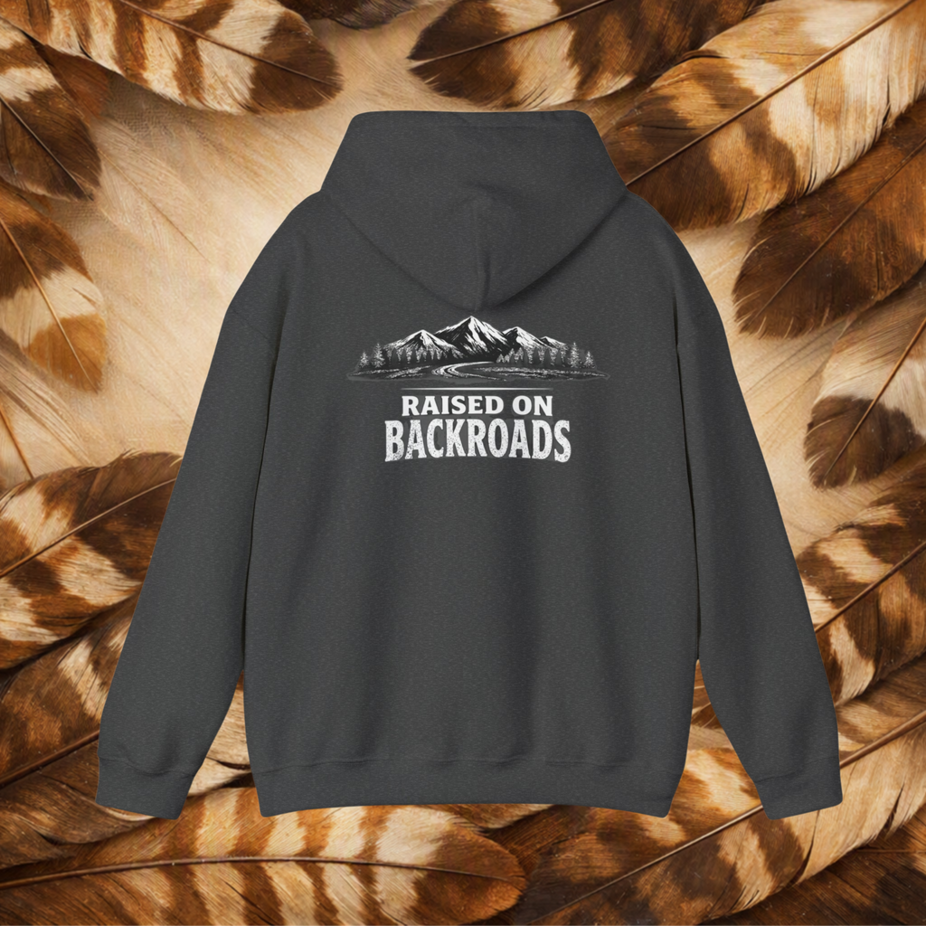 A charcoal hoodie shown from the back, featuring a white graphic of mountains, trees, and a road with the text 'RAISED ON BACKROADS'. The hoodie is displayed flat against a background of brown and beige feathers.