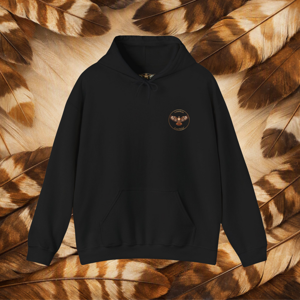 A black pullover hoodie with a small circular graphic on the left chest for American EverWild, displayed against a background of brown and beige feathers.