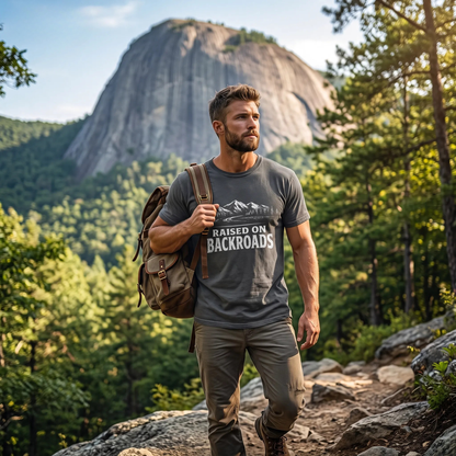 Raised on Backroads T‑Shirt — Retro Mountain Adventure Tee