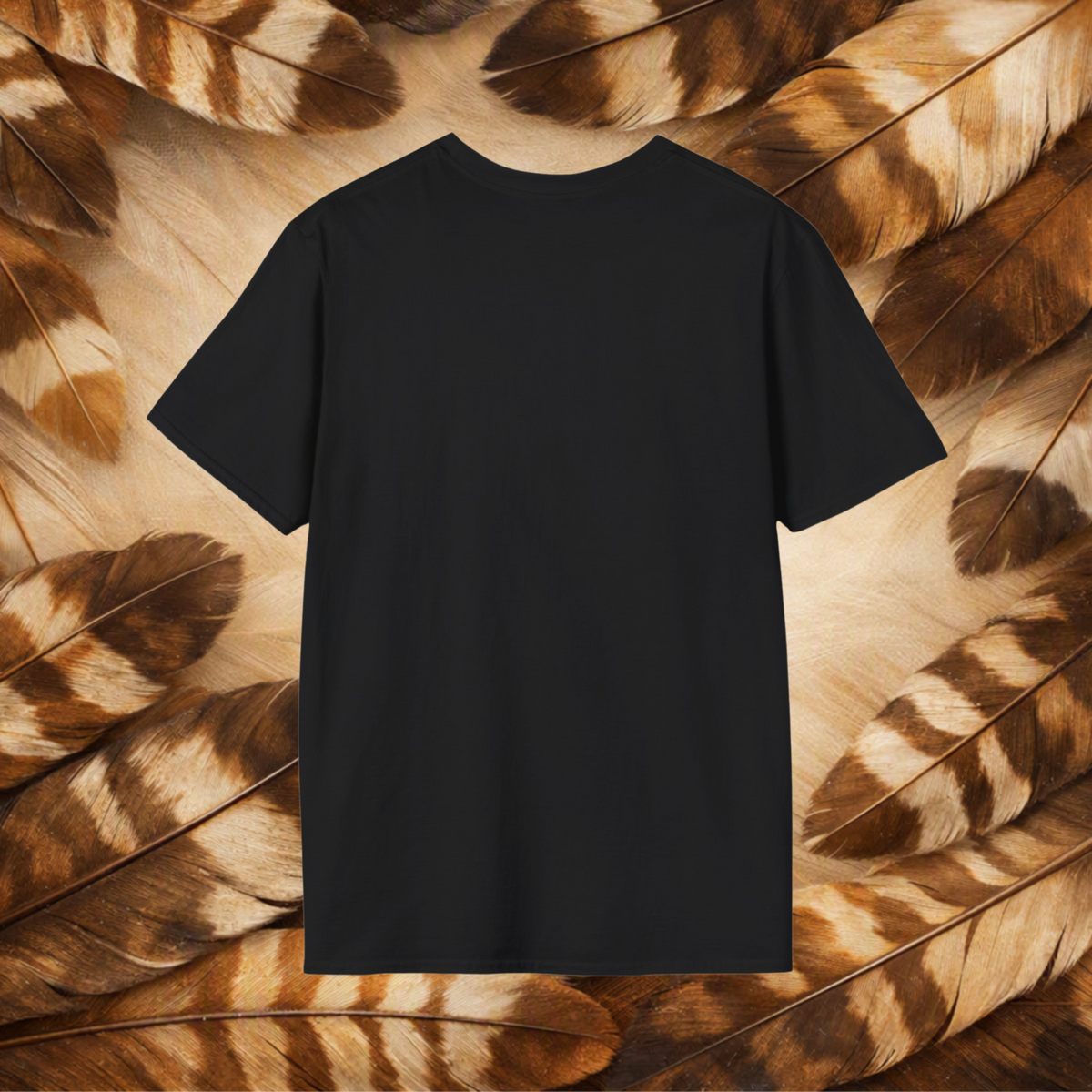 A plain black short-sleeve crewneck T-shirt centered against a background of brown and beige feathers.