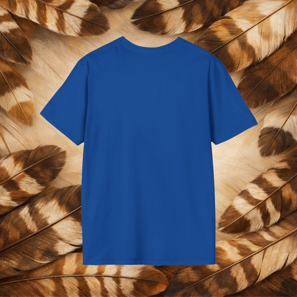 A solid royal blue short-sleeve t-shirt displayed flat against a background of brown and beige feathers.