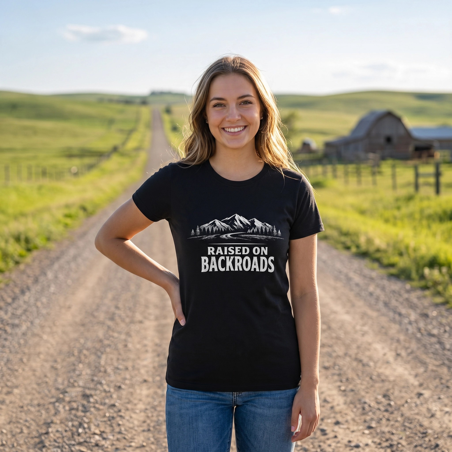 A woman stands on a dirt road in a rural outdoor setting wearing a black graphic t-shirt with a white mountain and road design, plus the text 'RAISED ON BACKROADS'.