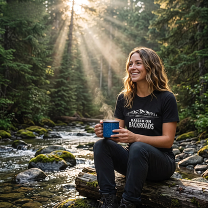 A woman sits on a log by a flowing forest stream, holding a blue mug. She is wearing a black graphic T-shirt that reads 'RAISED ON BACKROADS' with a mountain print, dark pants, and hiking boots.