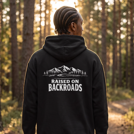 Raised on Backroads Hoodie — Rustic Mountain Adventure Pullover