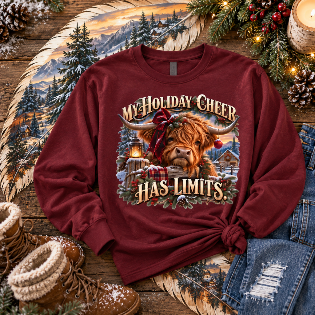 Holiday Cheer Has Limits — Highland Cow Christmas Long Sleeve Tee