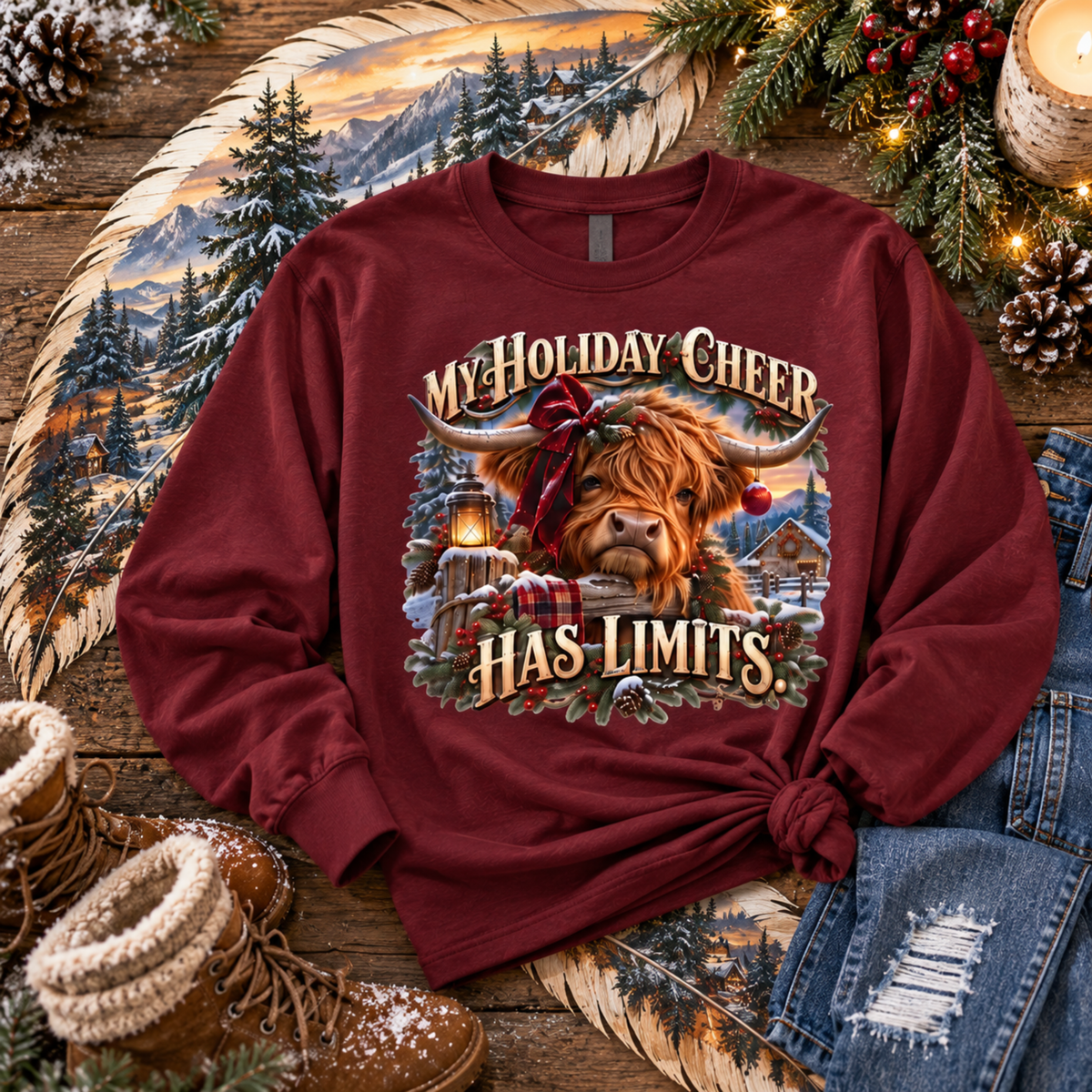 Holiday Cheer Has Limits — Highland Cow Christmas Long Sleeve Tee