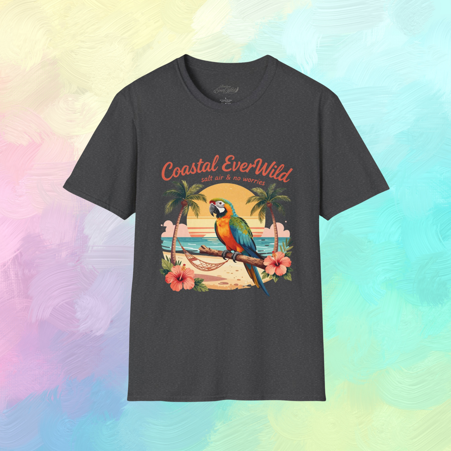 Dark charcoal crewneck T-shirt with colorful bird beach graphic on front