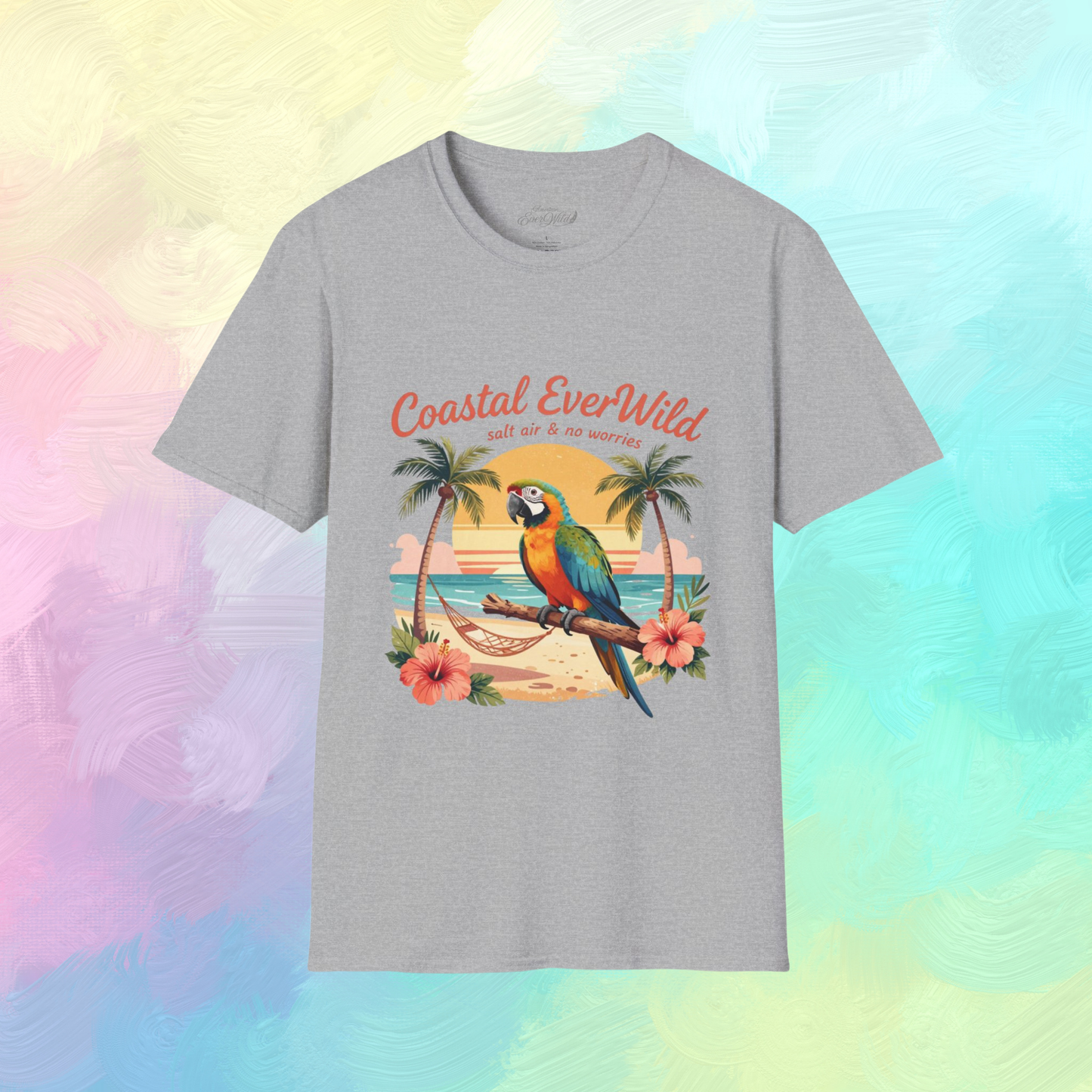 Sport grey crewneck T-shirt with colorful bird beach graphic on front
