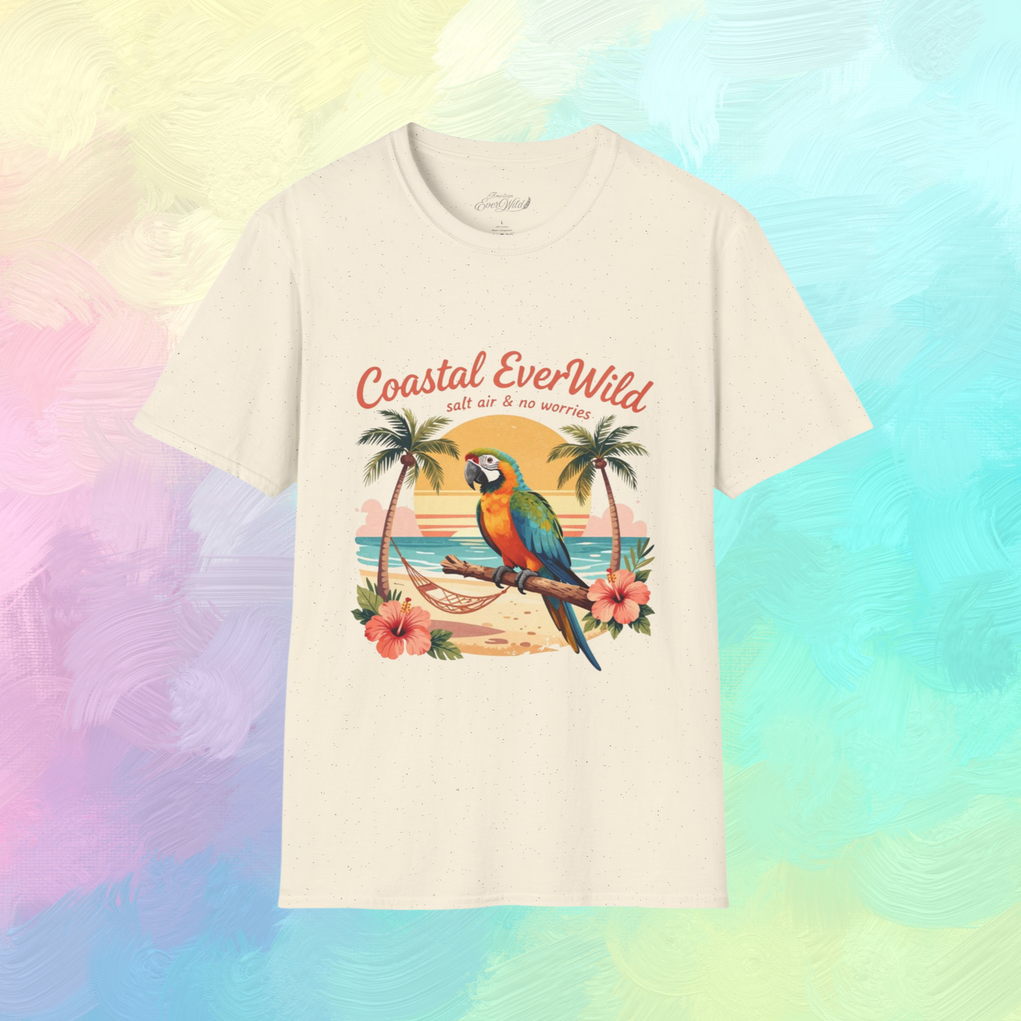Natural/off-white crewneck T-shirt with colorful bird beach graphic on front