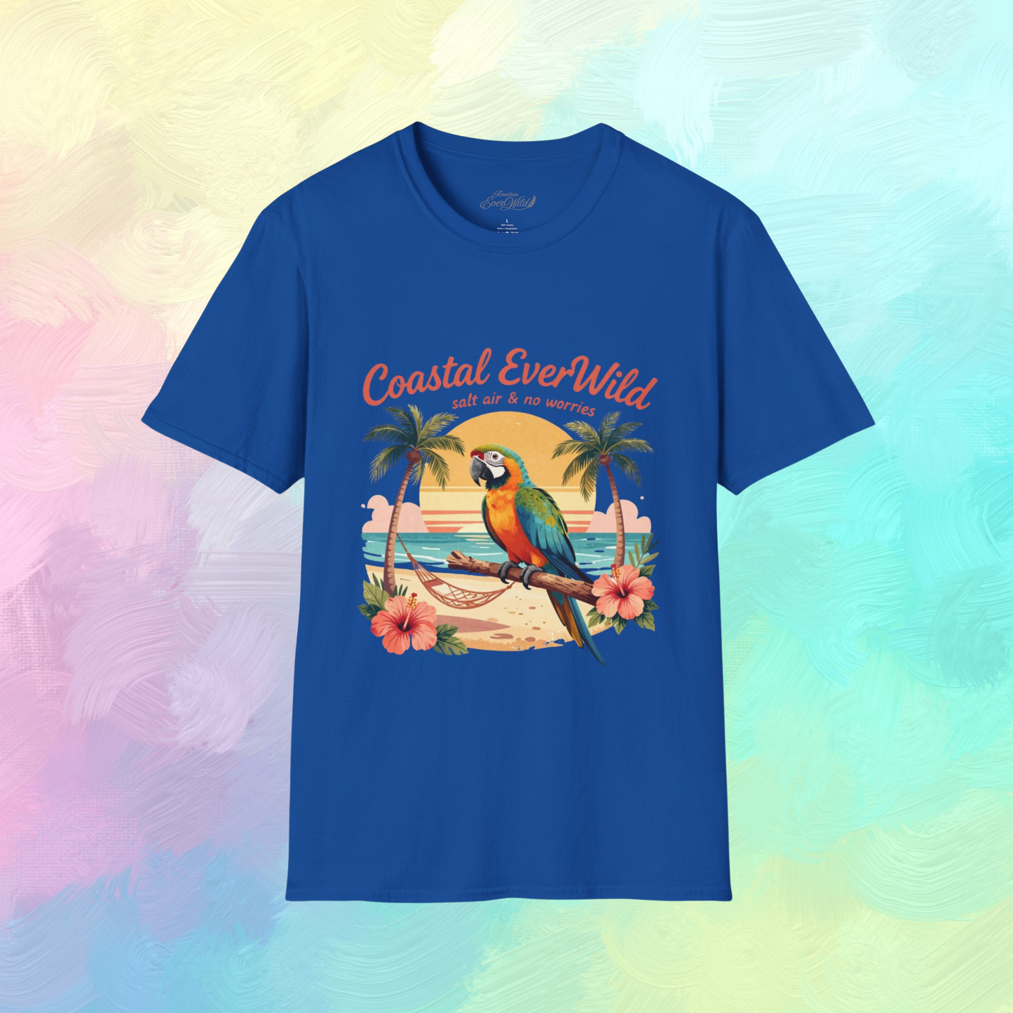 Royal blue crewneck T-shirt with colorful bird beach graphic on front