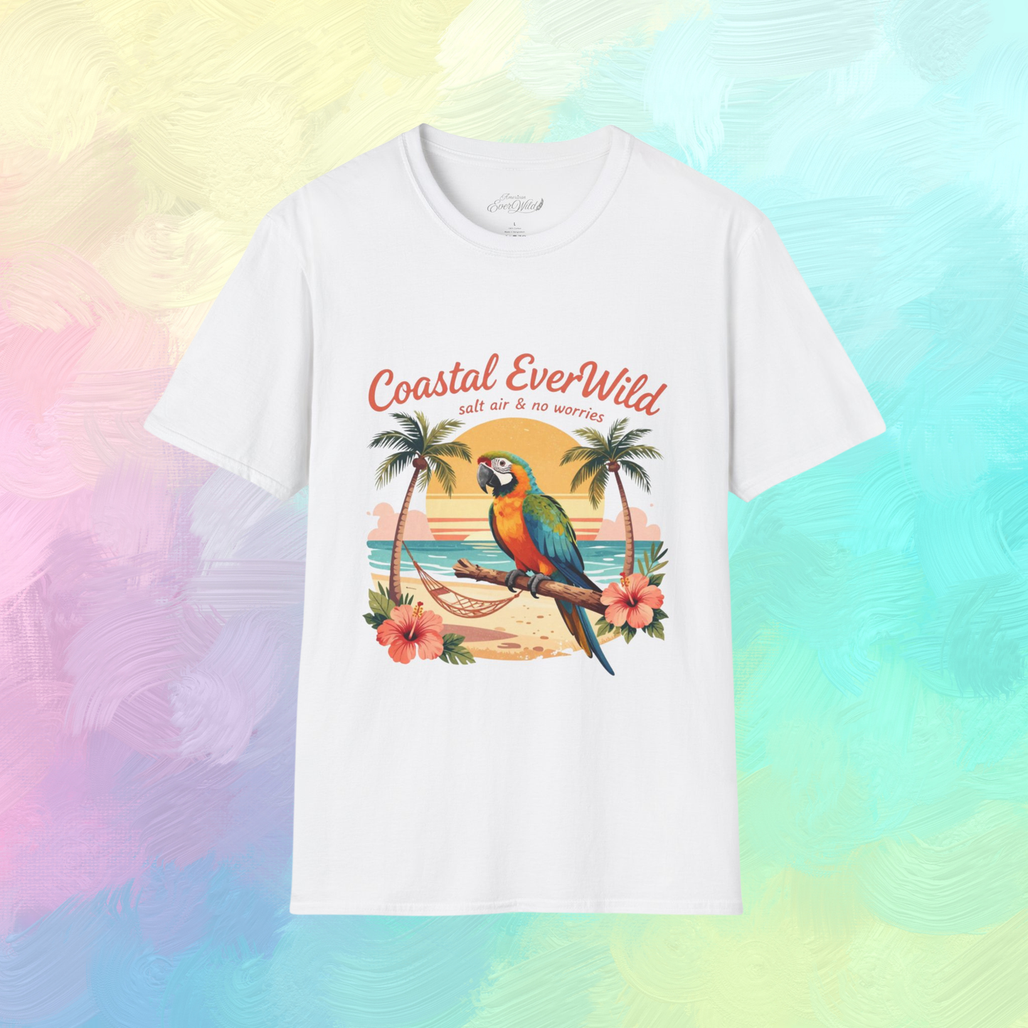 White graphic T-shirt with parrot beach scene and coral text print