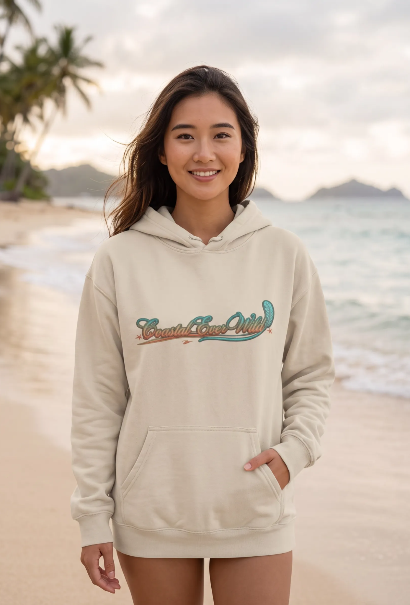 Cream coastal hoodie with hood and front kangaroo pocket, long sleeves