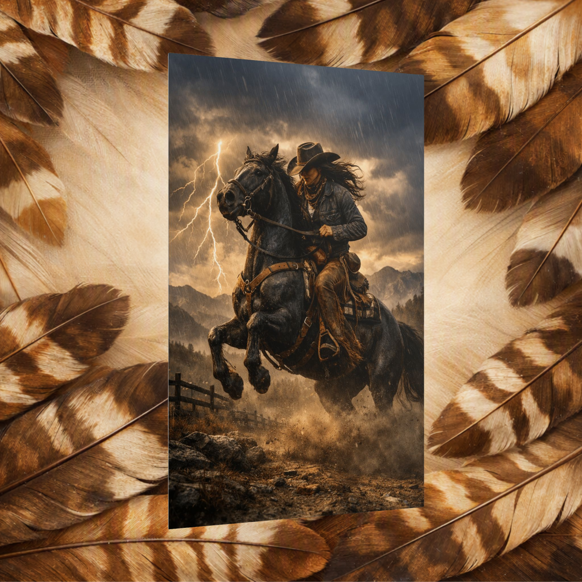 Angled art poster showing a cowgirl riding a rearing dark horse in a lightning storm along a dusty fenceline.
