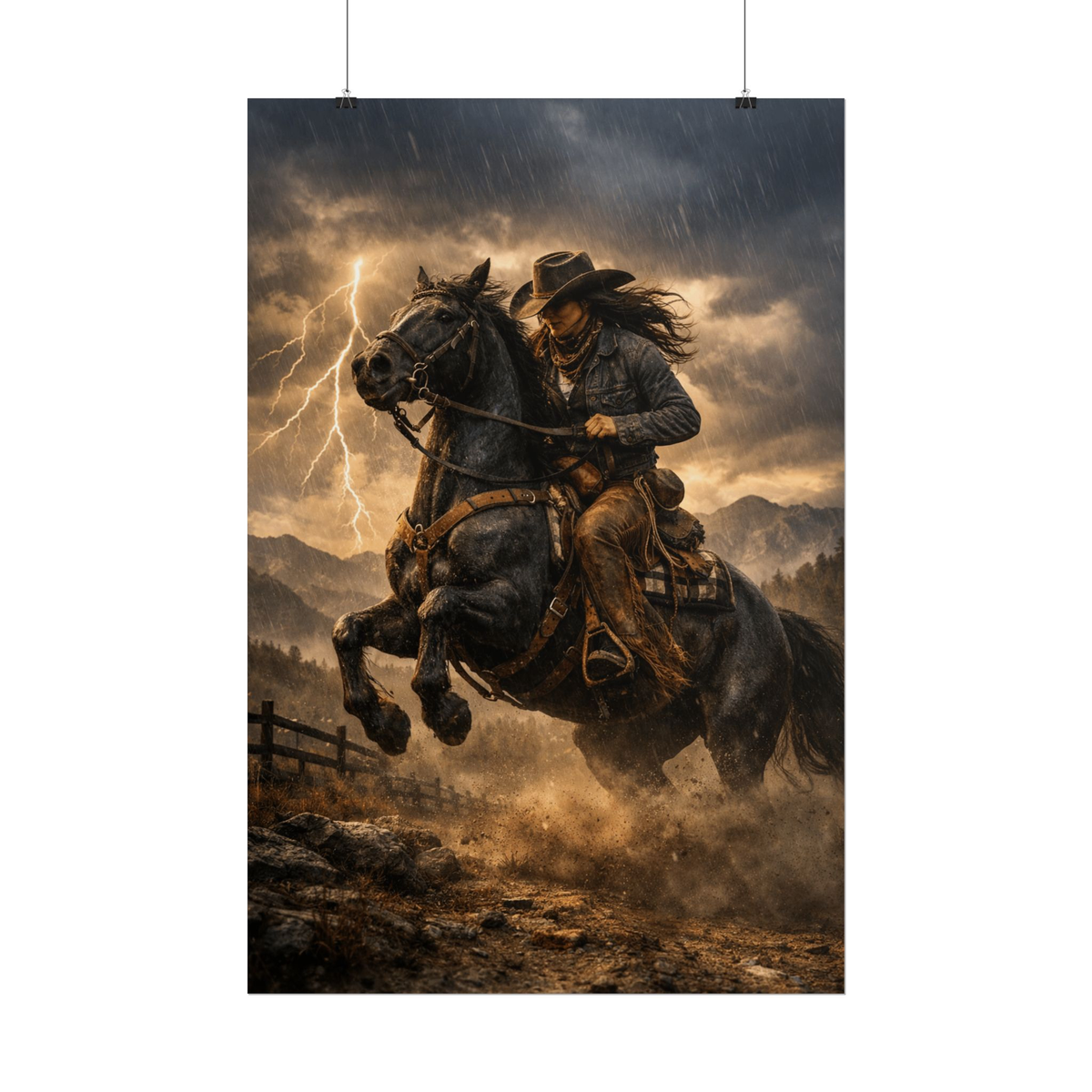 A vertical wall art print depicting a cowgirl riding a dark horse through a stormy landscape with lightning, shown hanging against a plain white background.