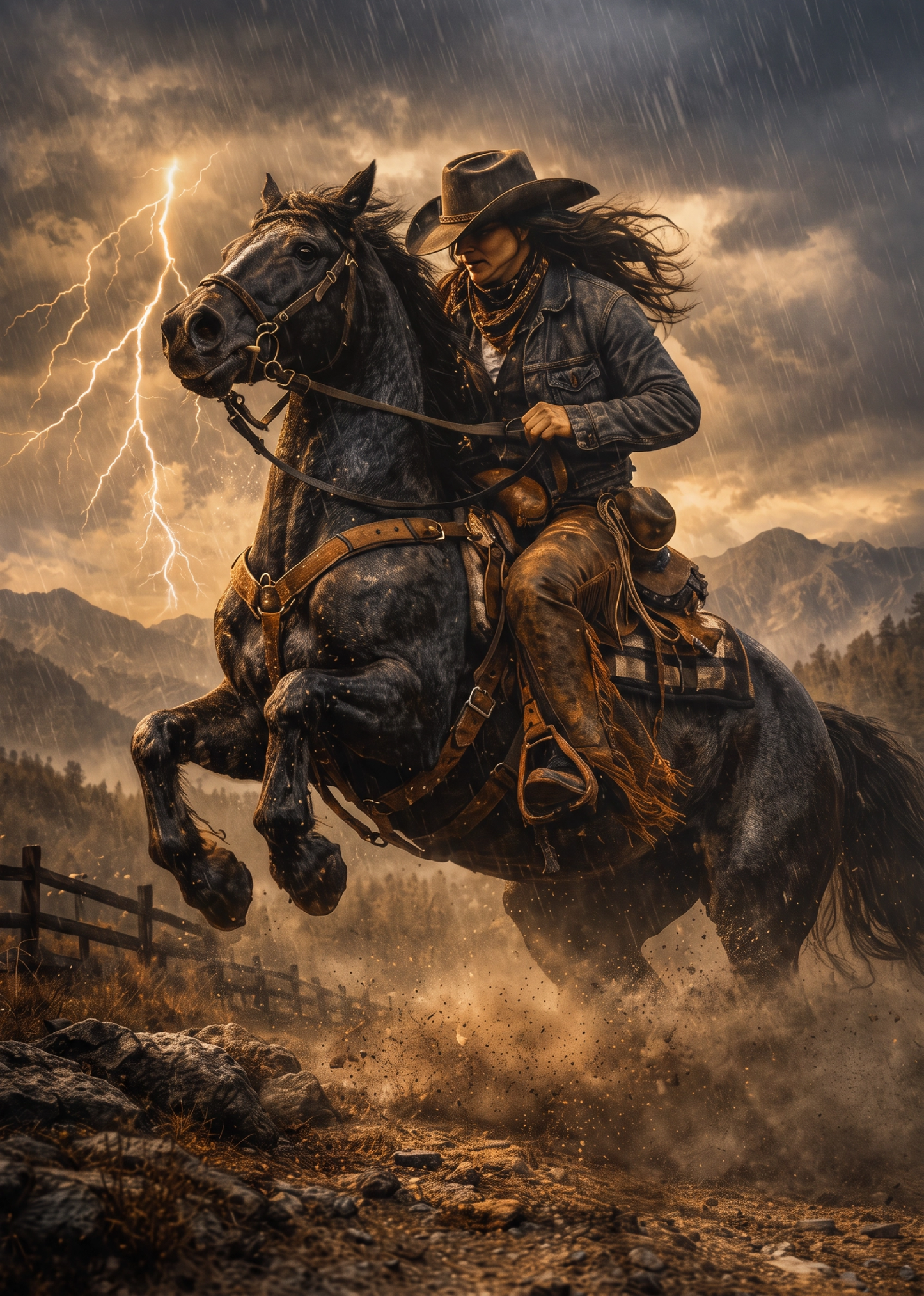 Western cowboy riding a black horse through a lightning storm western art print