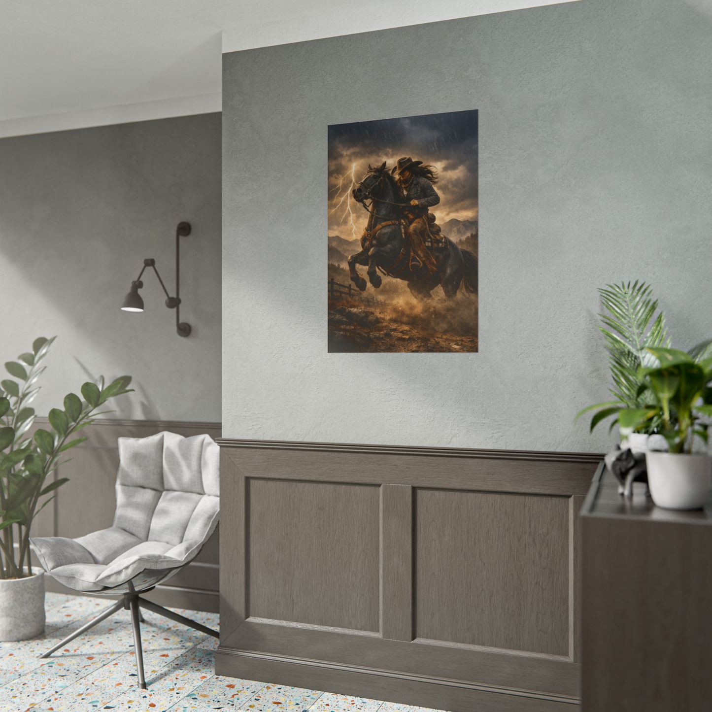 Western cowboy and black horse poster with lightning bolts and storm clouds