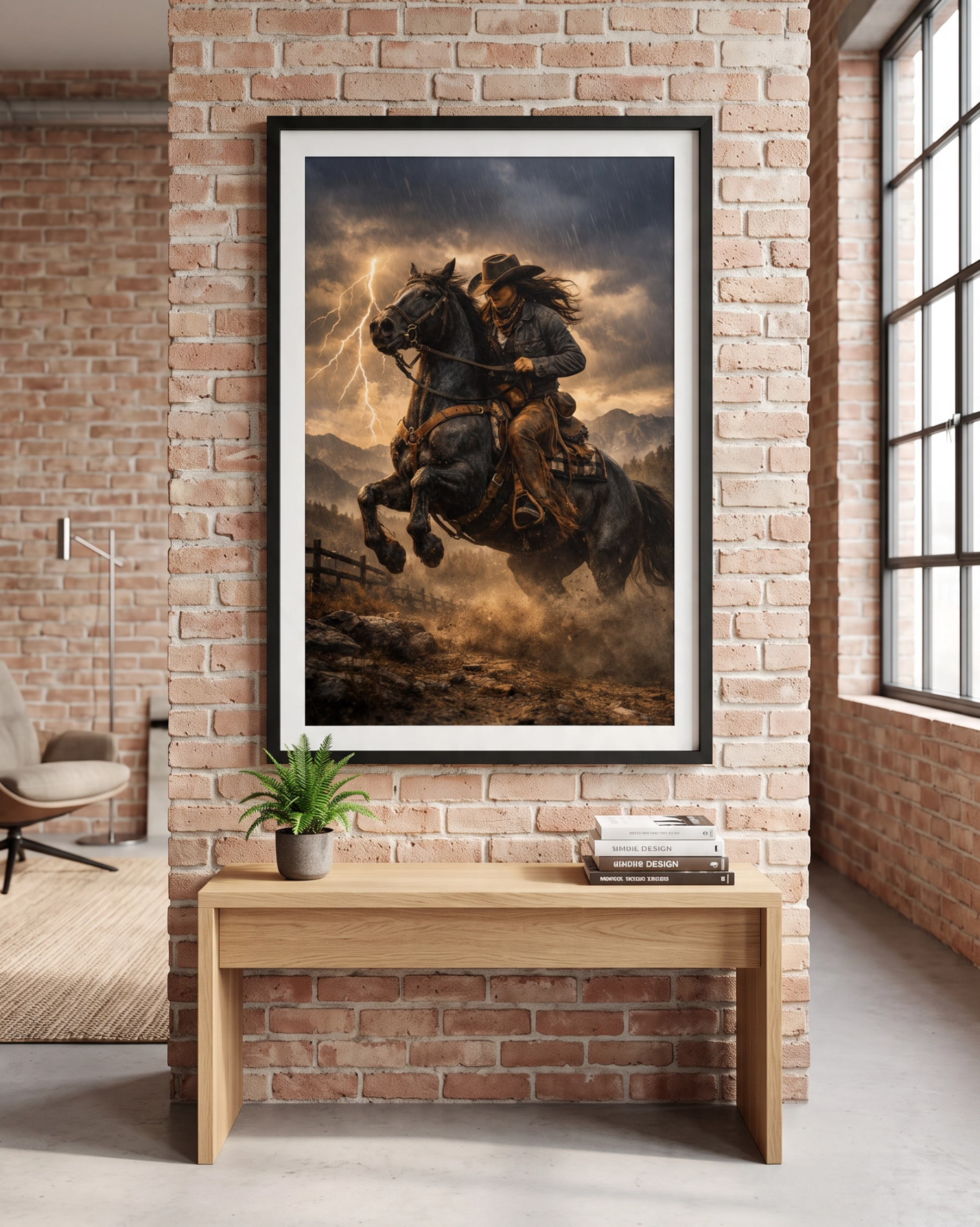 Framed western cowboy on horseback lightning storm wall art print