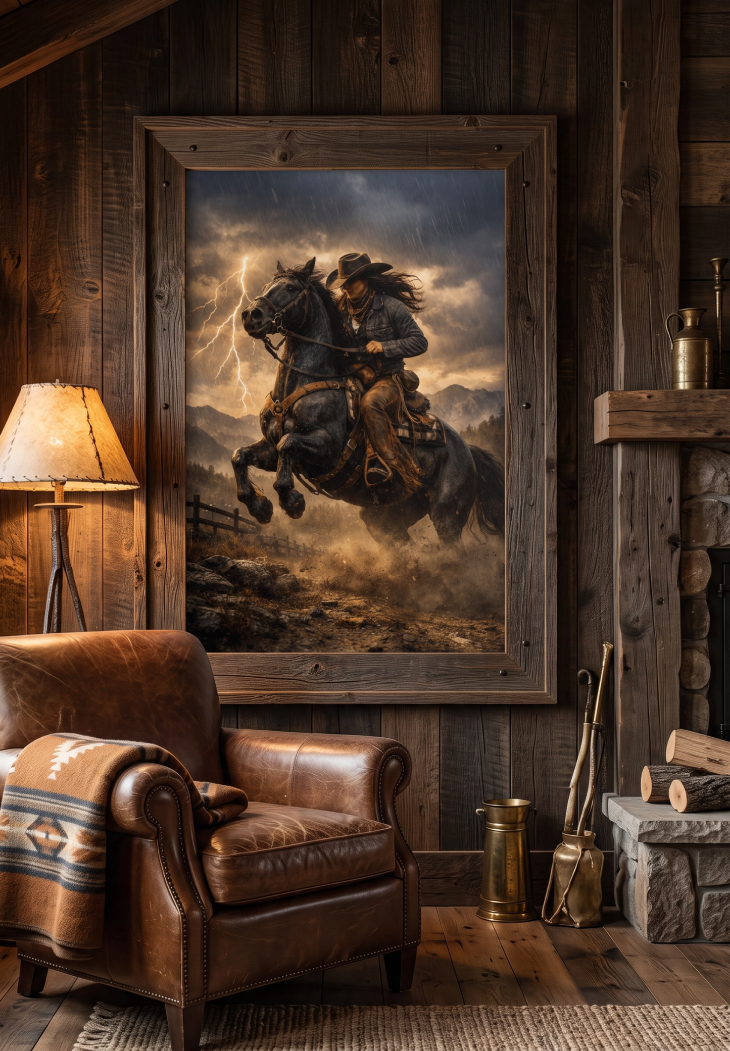 Wood-framed western cowboy on black horse with lightning storm art print