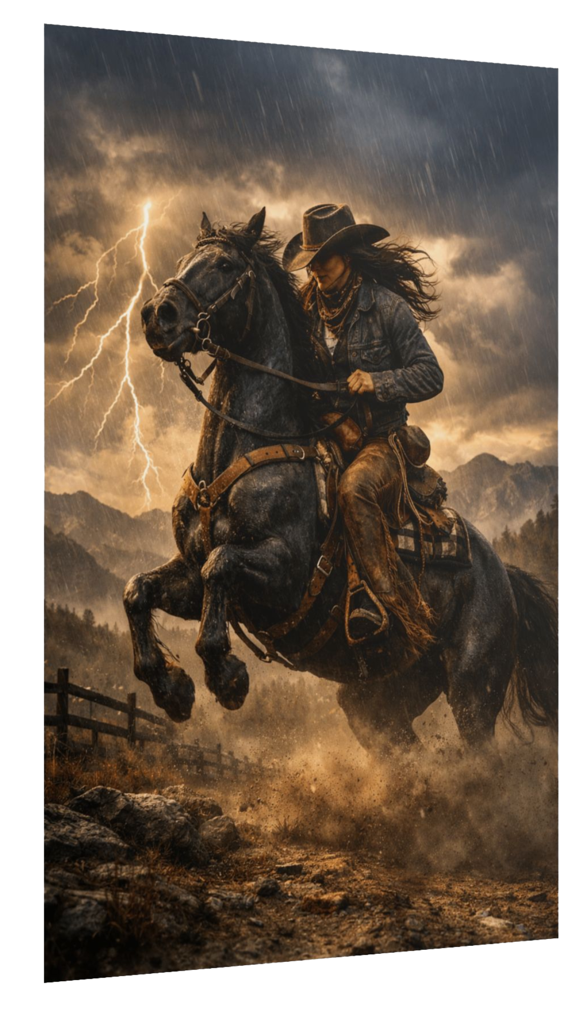 Western cowboy riding a black horse in a lightning storm art print