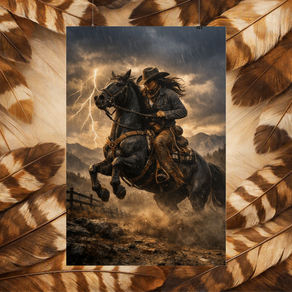 A vertical wall art print hanging and showing a cowgirl riding a dark horse through the rain with lightning in the sky, displayed against a background of large brown feathers.