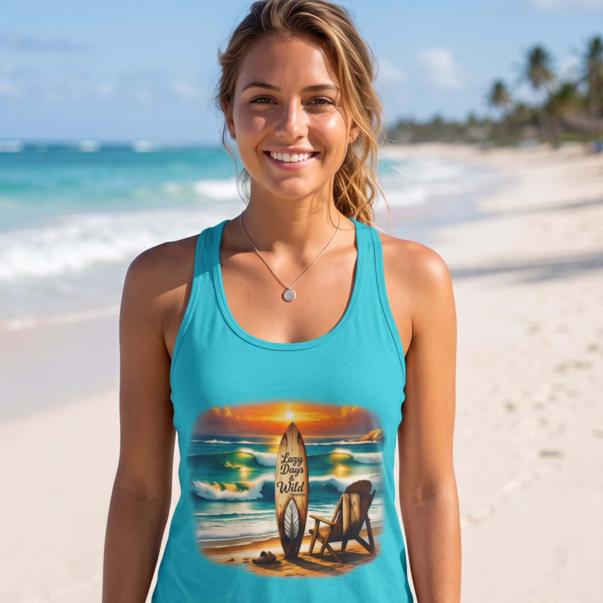 A smiling woman stands on a sandy beach wearing a turquoise racerback tank top with a large rectangular beach graphic on the front showing a surfboard, chair, ocean, and sunset. The background shows the beach and ocean out of focus.