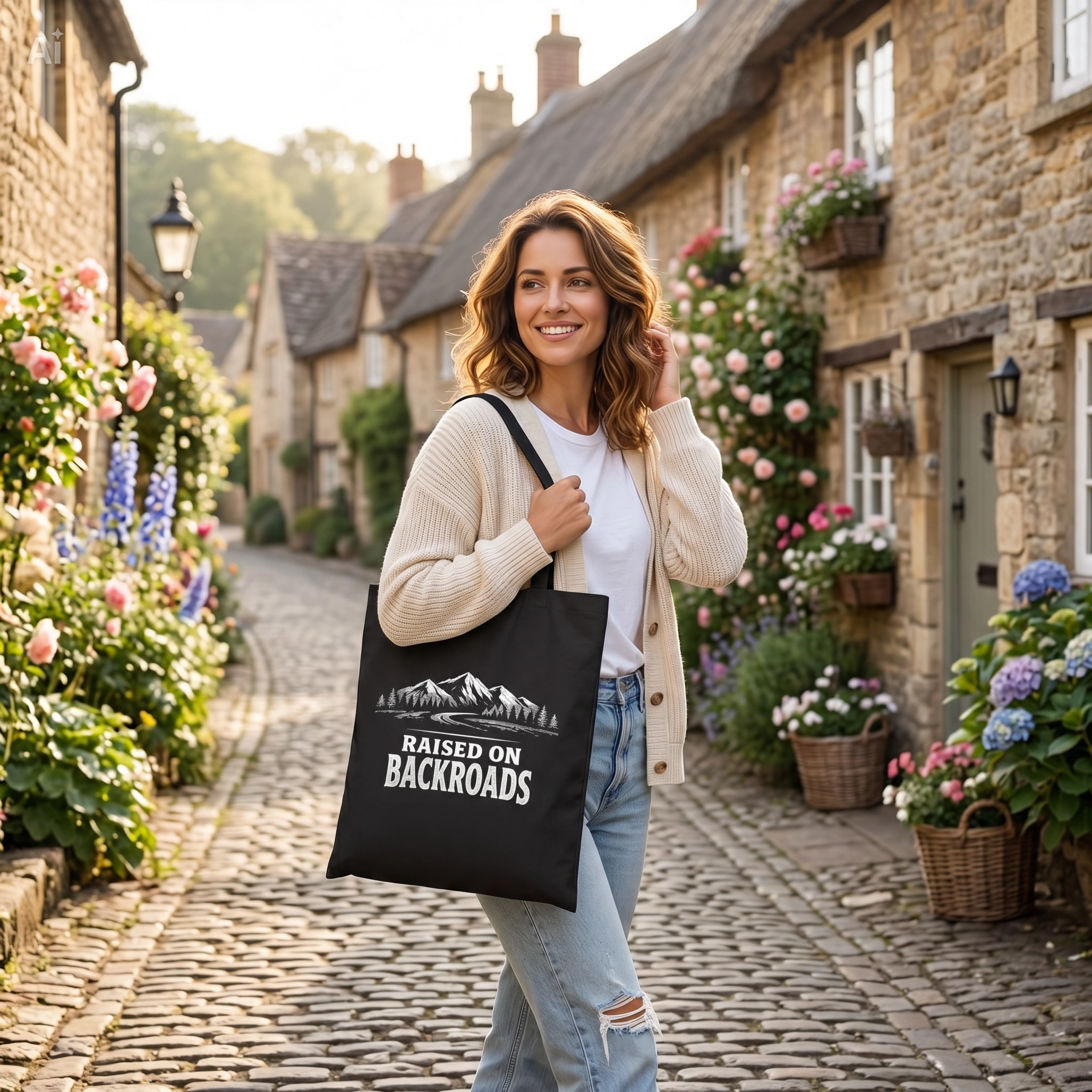 Black canvas tote bag with mountain print and Raised on Backroads lettering, carried