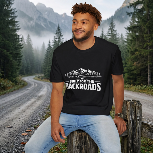 Black crew-neck T-shirt with front mountain 'Built for the BackRoads' graphic