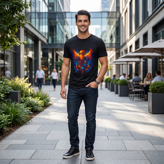 Men's black graphic T-shirt with colorful flame eagle-phoenix front design