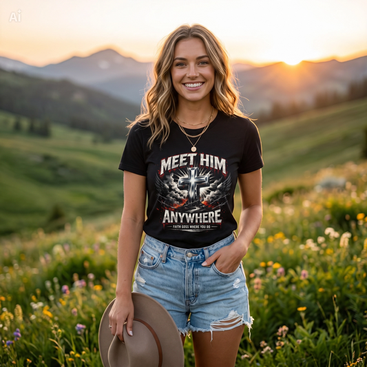 Black T-shirt with cross 'Meet Him Anywhere' graphic on front