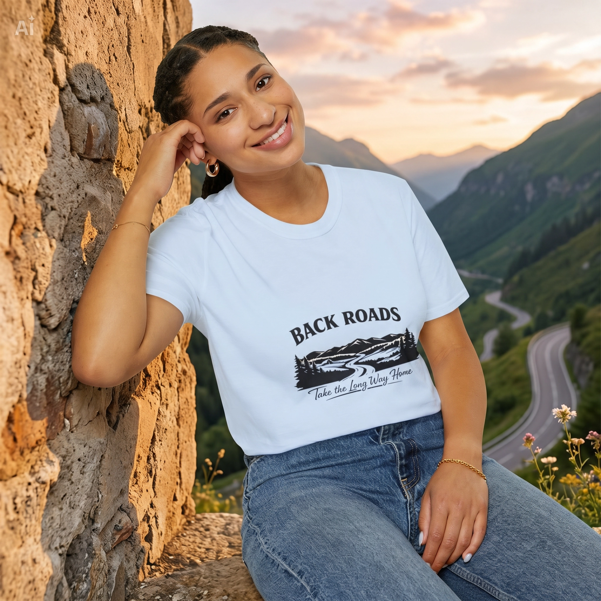 Light blue crewneck graphic T-shirt with Back Roads mountain road print