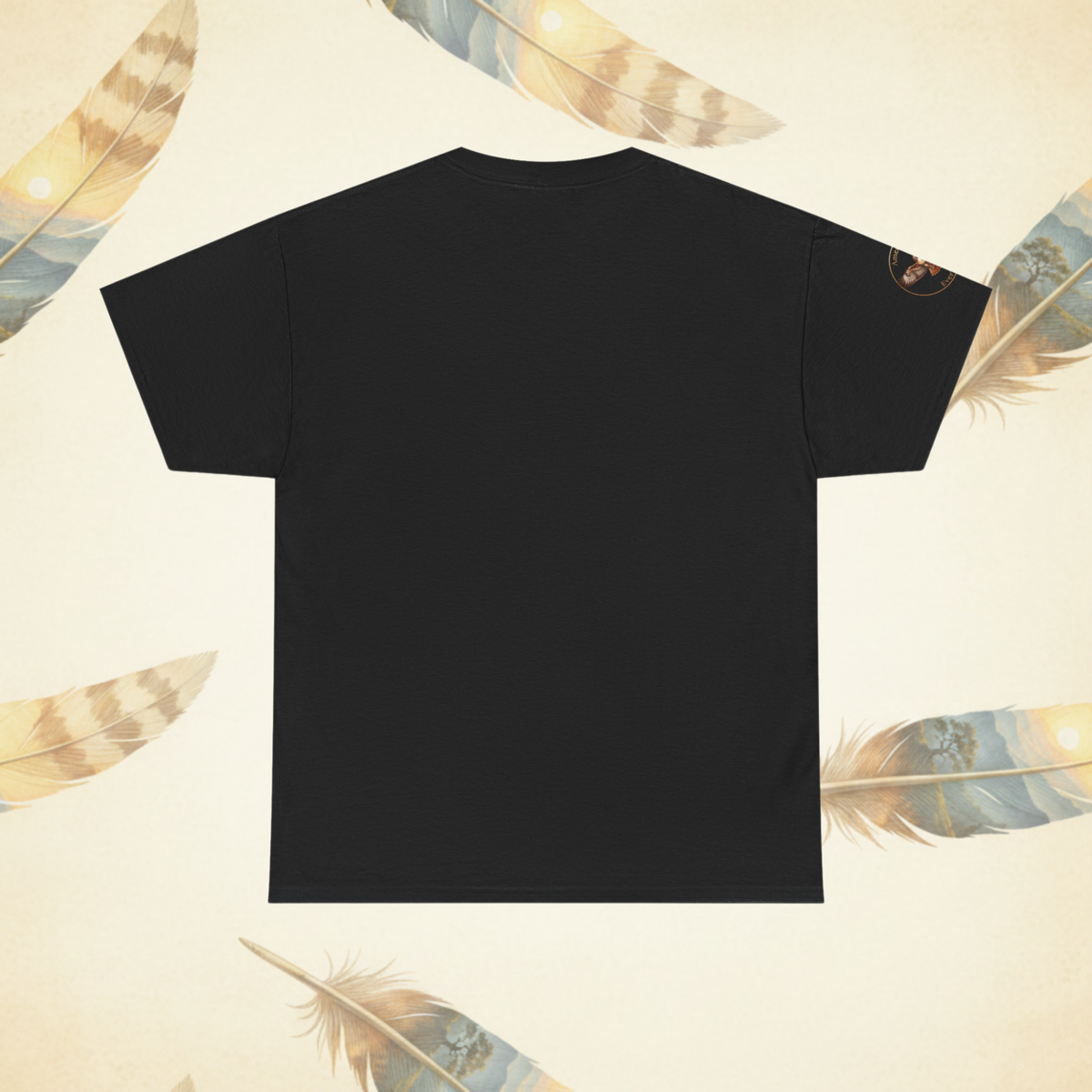 A black short-sleeve t-shirt shown from the back, laid flat on a light cream background decorated with illustrated feathers.