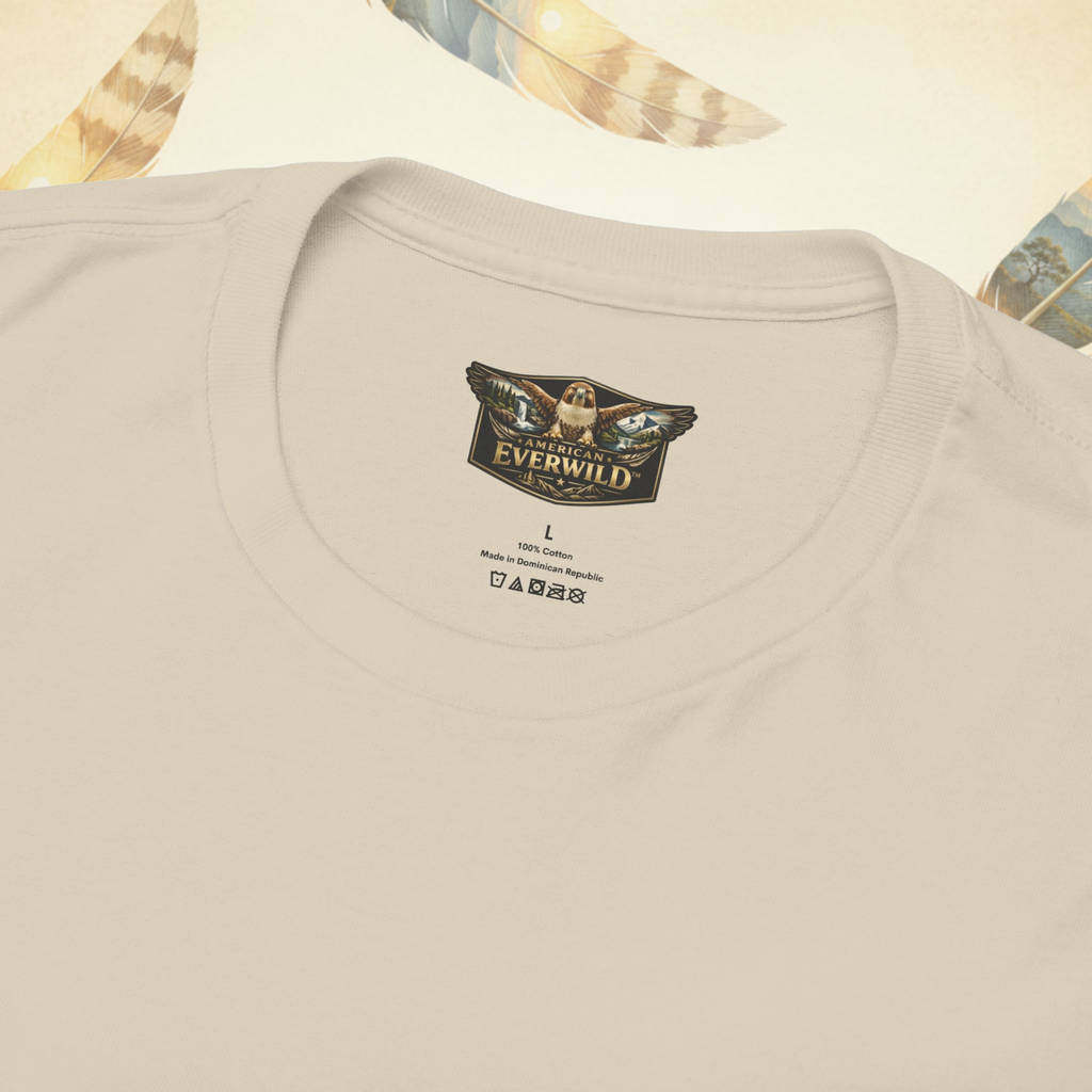 Close-up of asand colored crewneck t-shirt showing the inner neck label with the American Everwild brand logo.