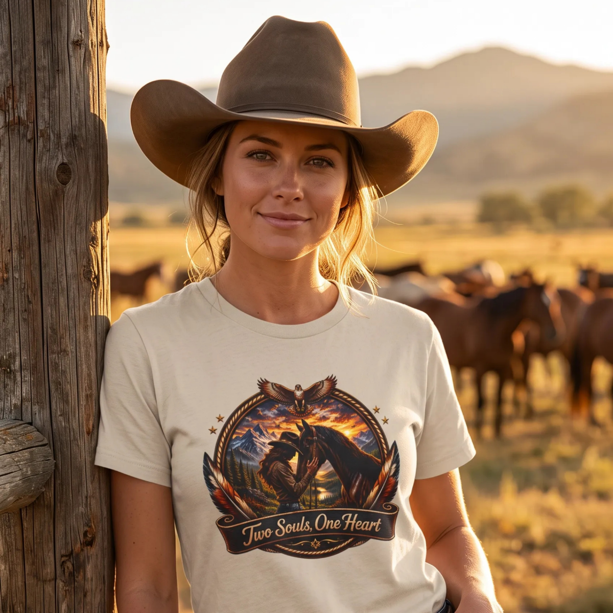 A woman wearing a brown cowboy hat and a sand colored graphic t-shirt of a woman and horse and text "Two Souls, One Heart" leans against a wooden post in an outdoor ranch setting with horses in the background.