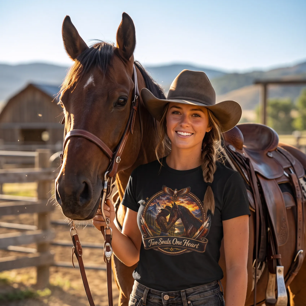 A smiling woman in a cowboy hat stands beside a brown horse outdoors, wearing a black graphic T-shirt with a western rider design and the words 'Two Souls One Heart.' The background shows a rustic barn, fence, and hills under a clear blue sky.