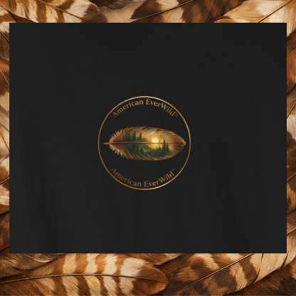 A black square close up of the back print, featuring a circular gold logo with a central feather design that reflects a forest landscape. The text 'American EverWild' is written along the top and bottom of the circle.