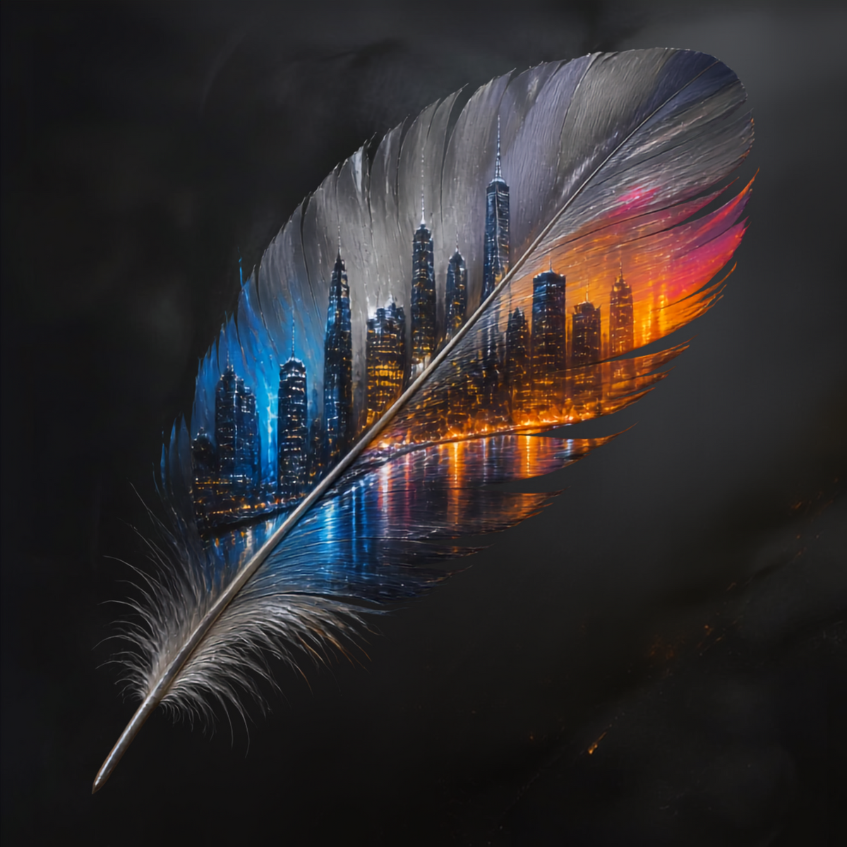 Feather Cityscape Sticker — Die-Cut Urban Skyline Feather Art