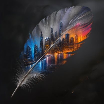 Feather Cityscape Sticker — Die-Cut Urban Skyline Feather Art
