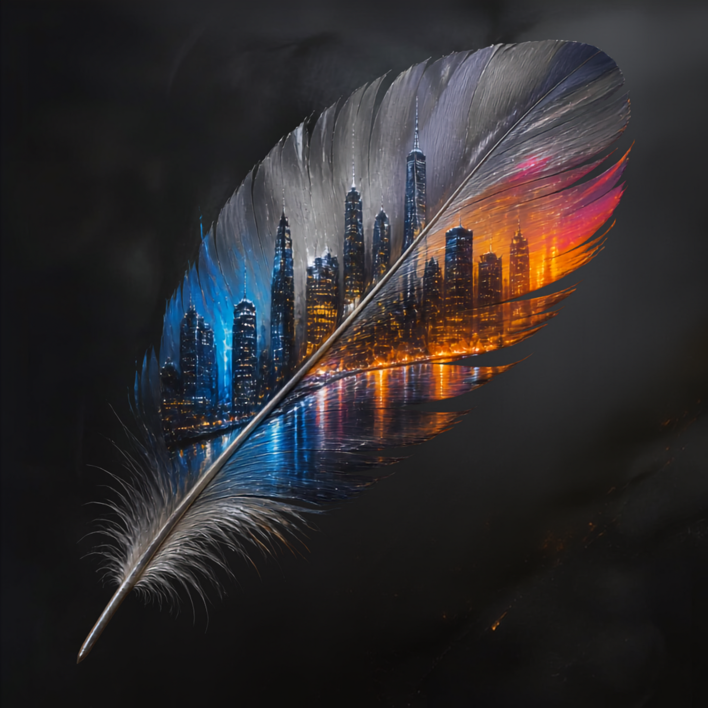 Urban Feather Die‑Cut Sticker — EverWild Cityscape Art