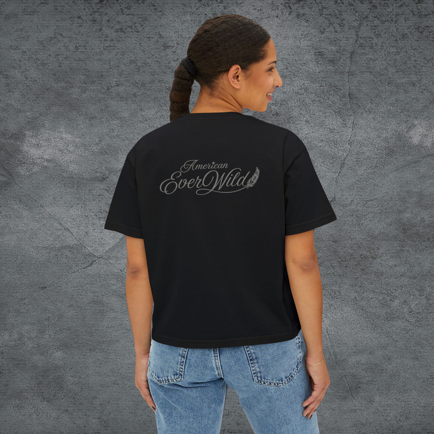 Black back graphic tee with cursive “American EverWild” text