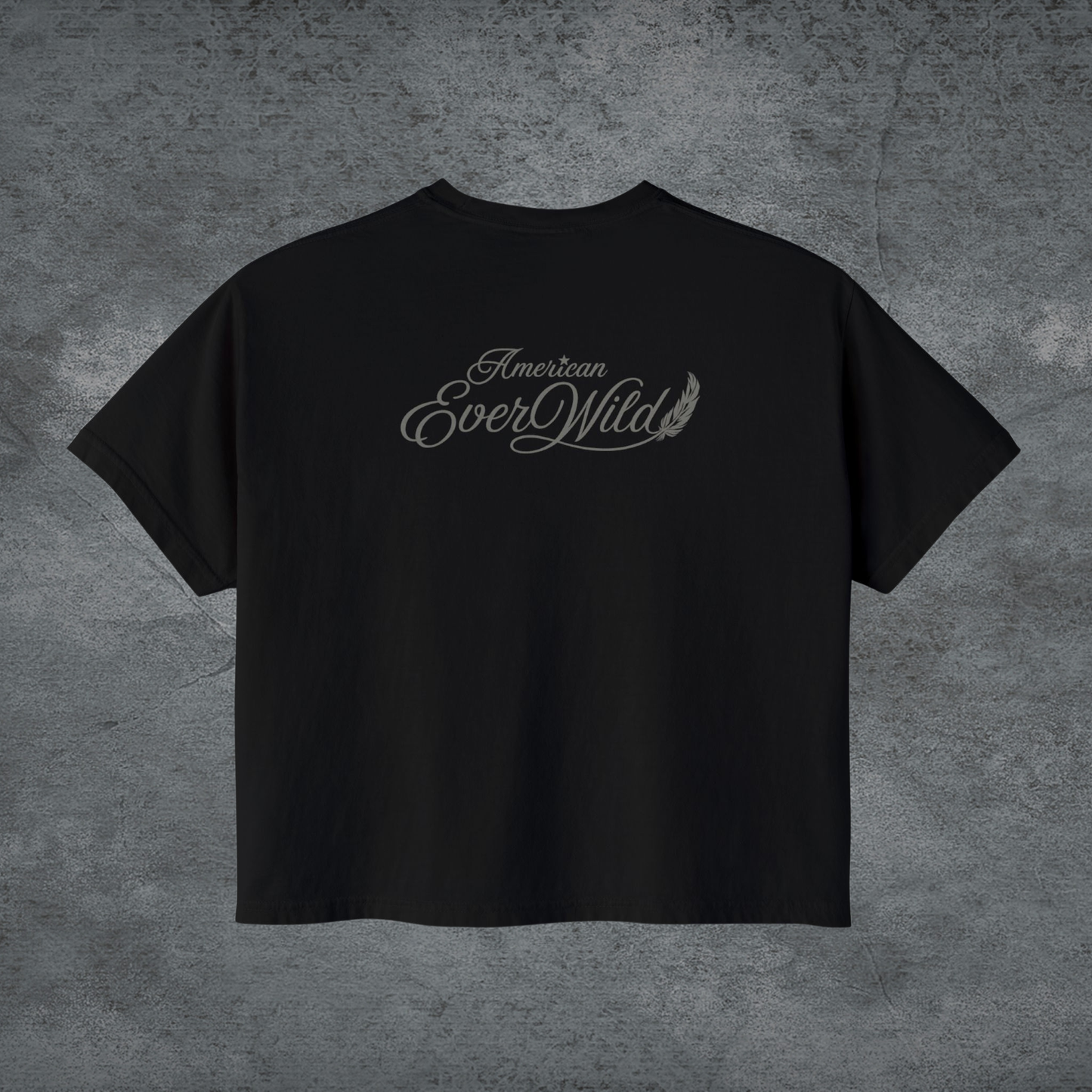 Black crewneck tee with “American EverWild” logo on the back