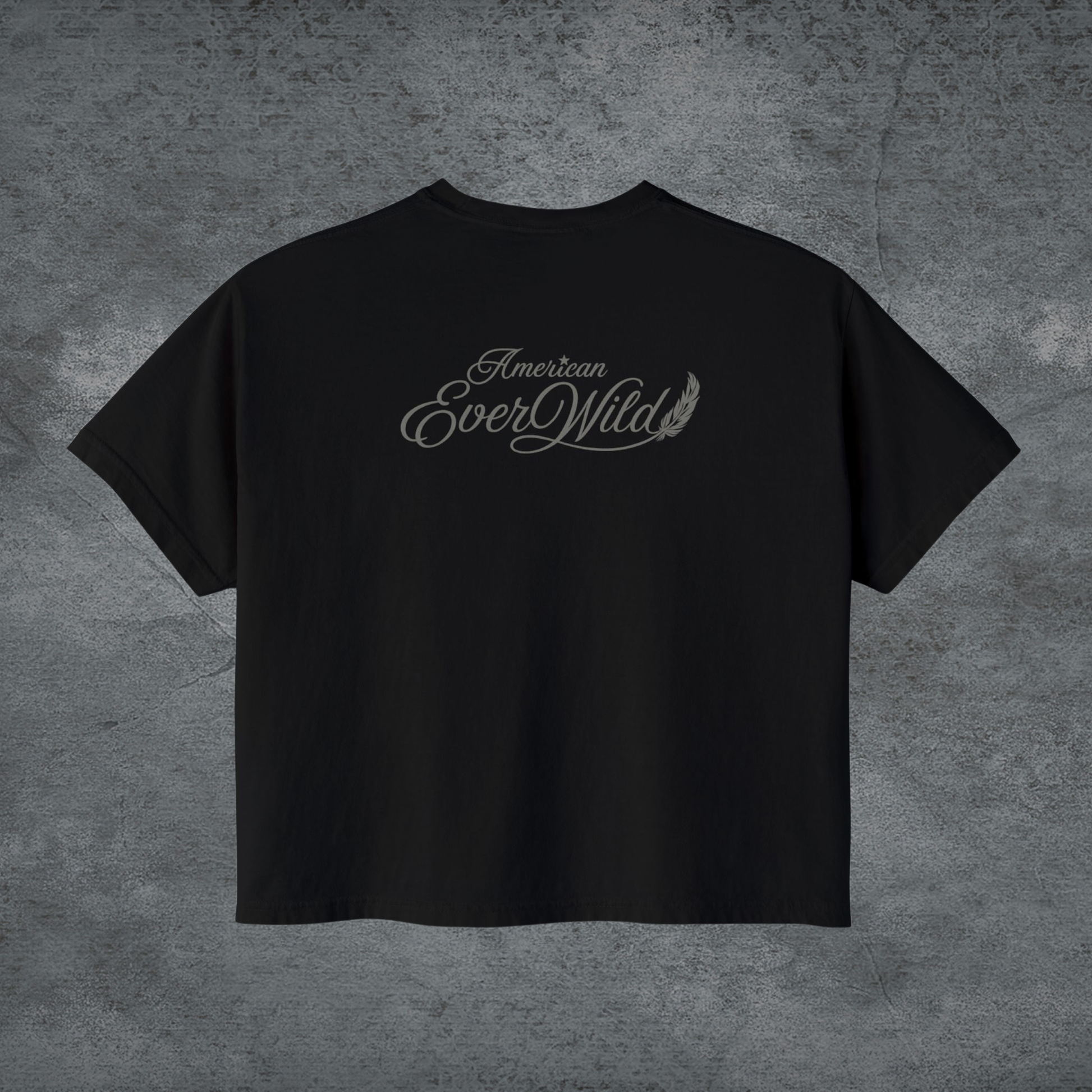 Black crewneck tee with “American EverWild” logo on the back