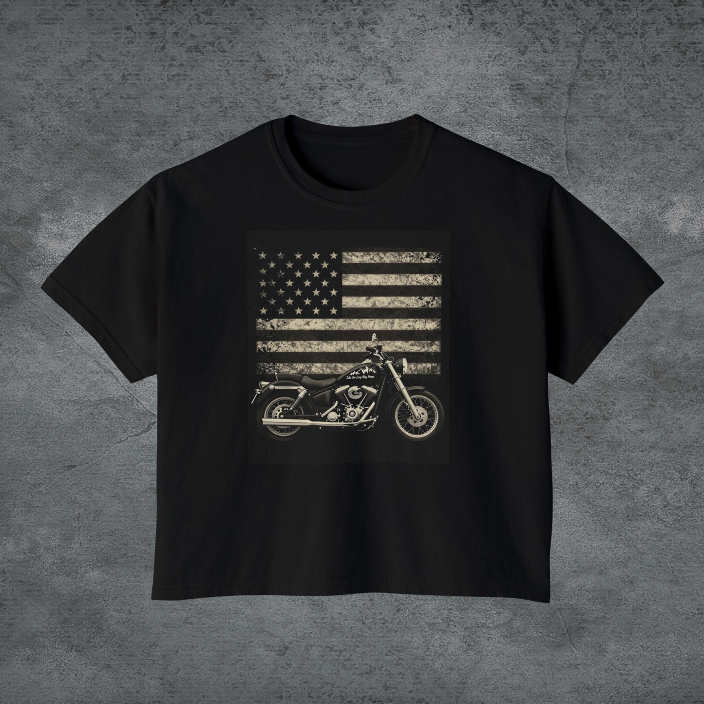 Black graphic tee with American flag stars, stripes, and detailed motorcycle artwork