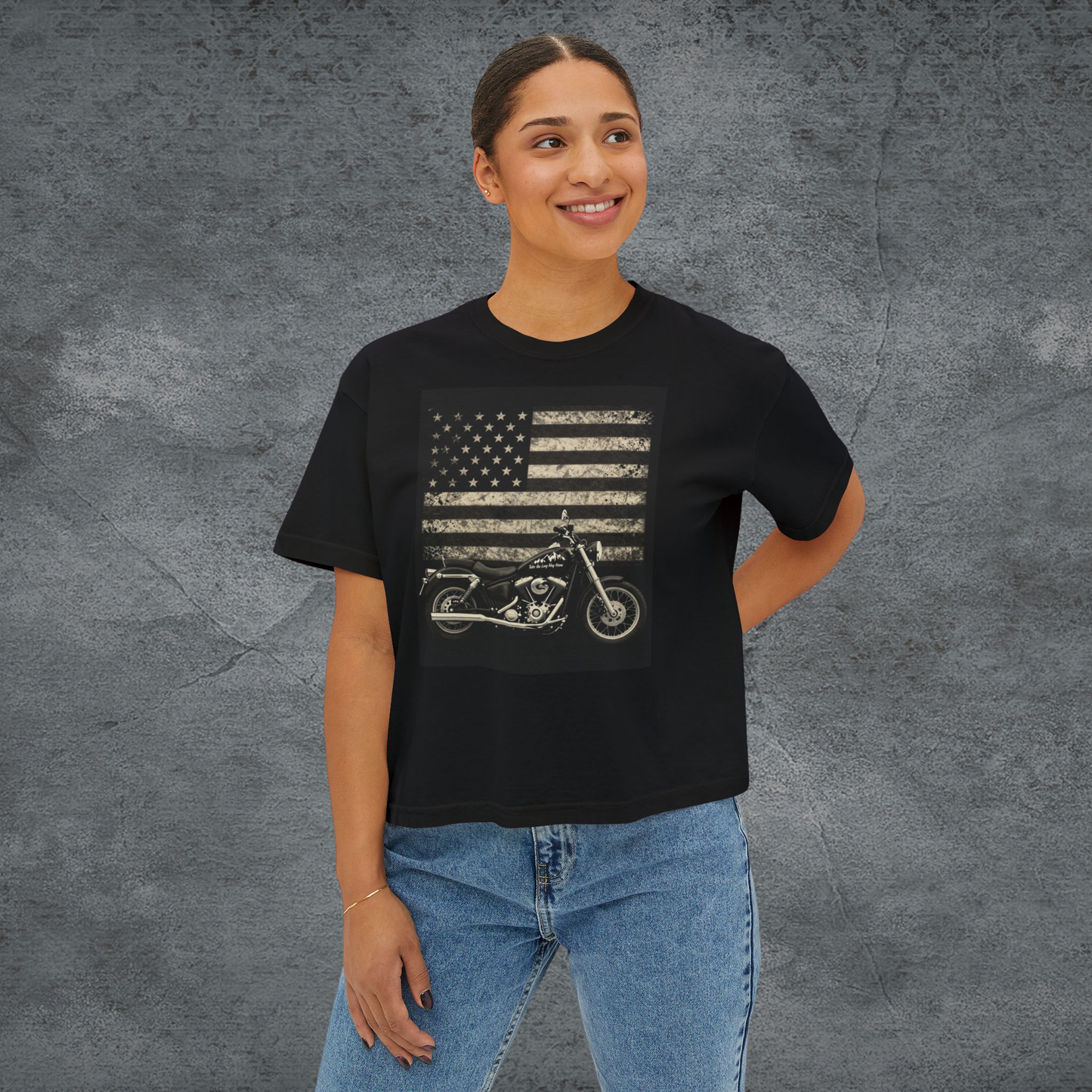 Black short-sleeve graphic tee featuring American flag and motorcycle front print