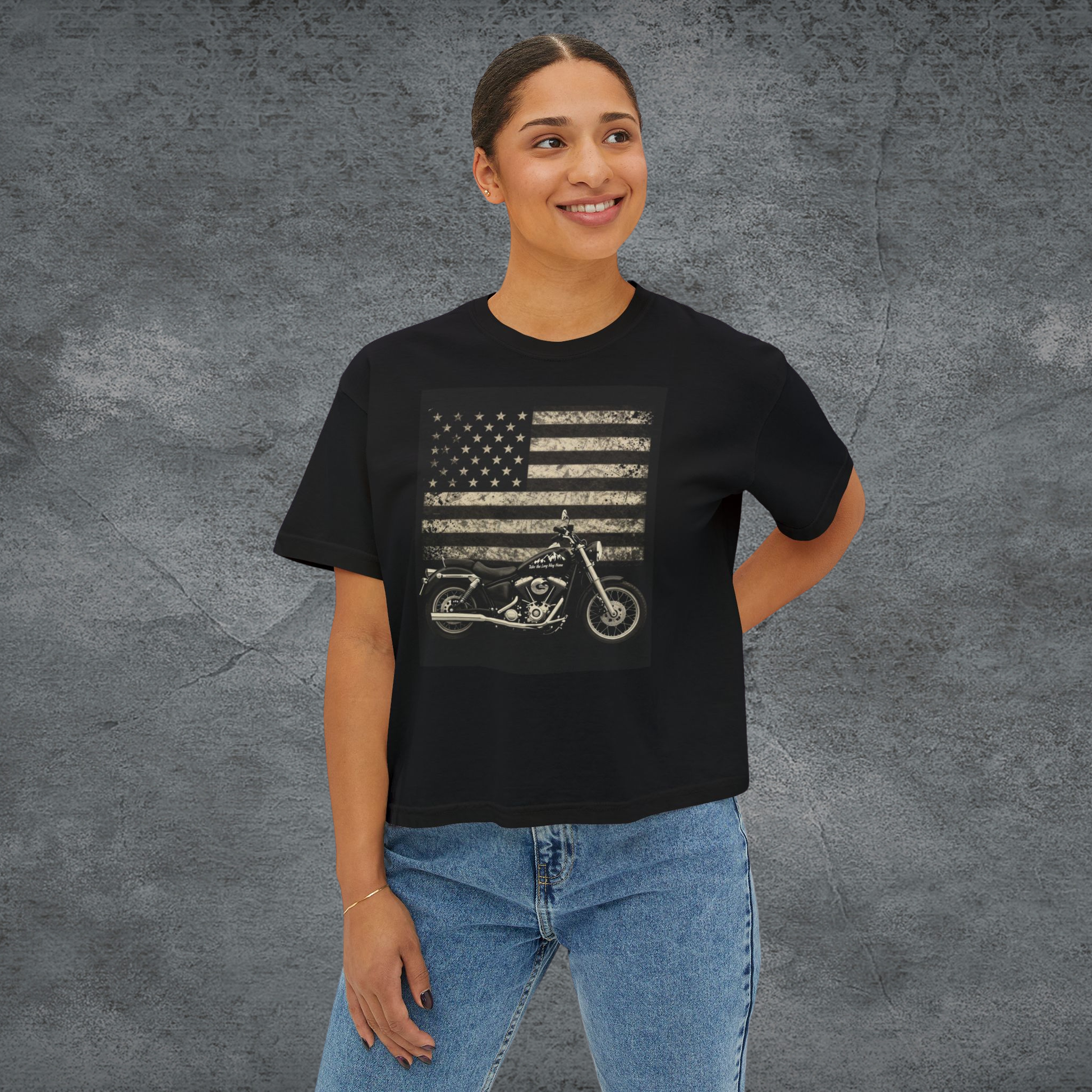 Black short-sleeve graphic tee featuring American flag and motorcycle front print