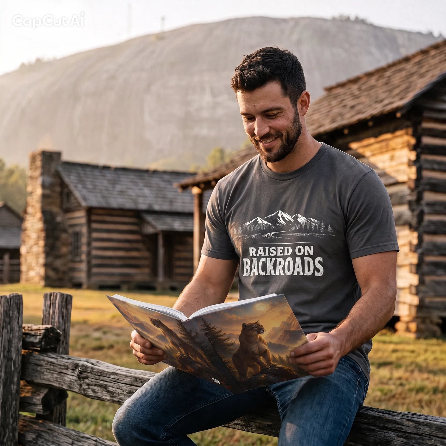 A man sitting on a wooden fence in front of rustic log cabins and a large hill, wearing a dark gray graphic t-shirt, with a MOUNTAIN LION SUNSET MTN JOURNAL, and reading entries.