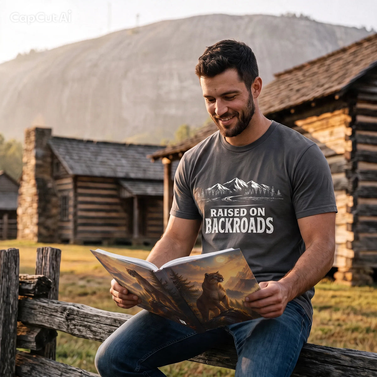 A man sitting on a wooden fence in front of rustic log cabins and a large hill, wearing a dark gray graphic t-shirt, with a MOUNTAIN LION SUNSET MTN JOURNAL, and reading entries.