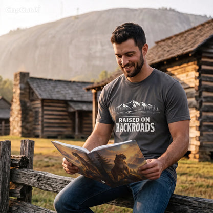 A man sitting on a wooden fence in front of rustic log cabins and a large hill, wearing a dark gray graphic t-shirt, with a MOUNTAIN LION SUNSET MTN JOURNAL, and reading entries.