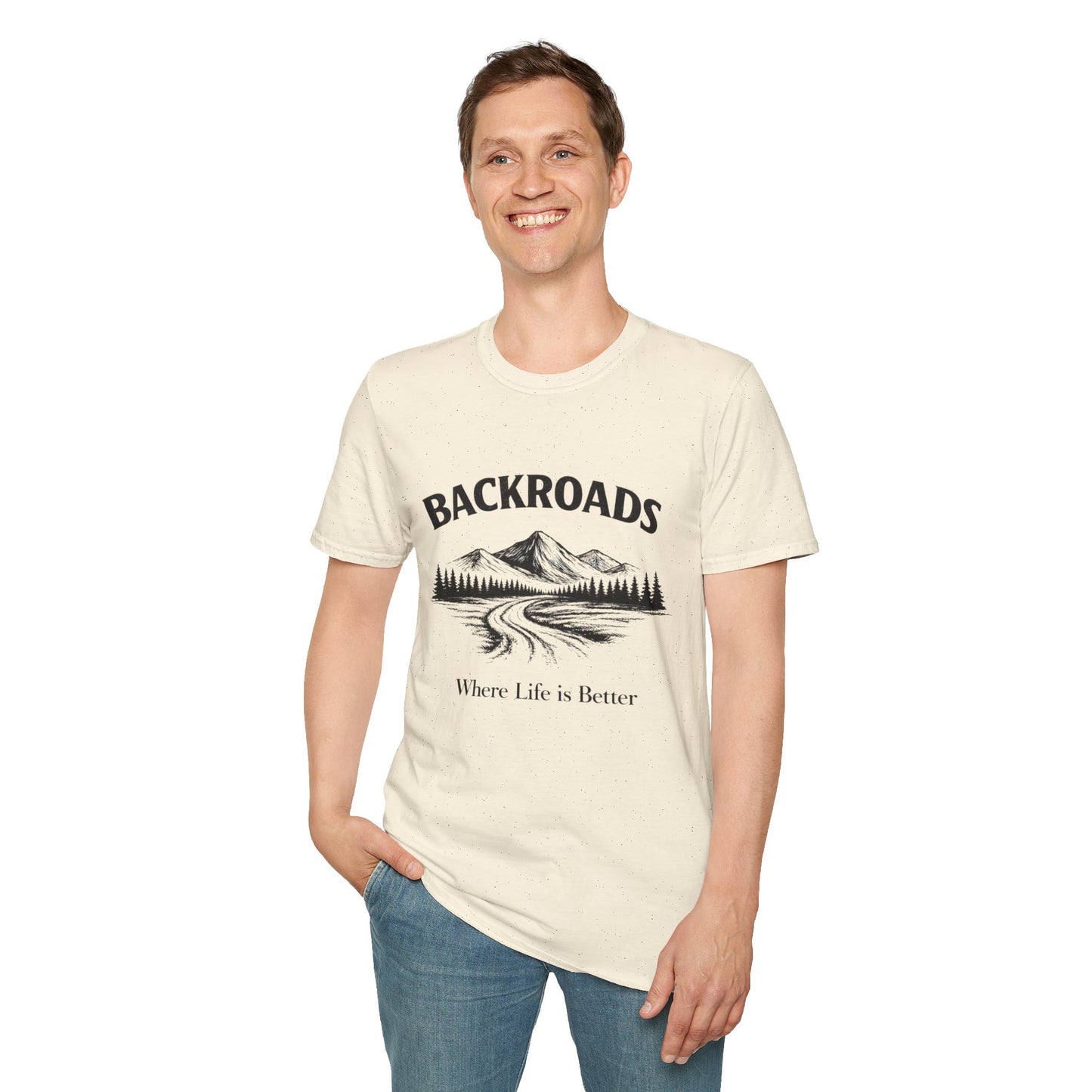 man with scenic mtn text t-shirt graphic