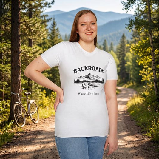 BackRoads women's rural lifestyle tee in white with front landscape logo